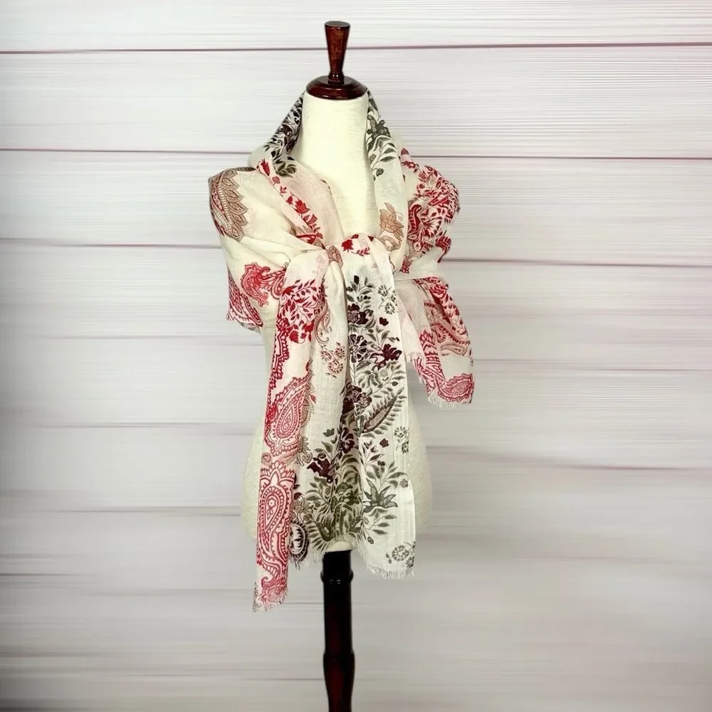 NWOT J. Jill Lightweight Oblong Scarf Woven Wool Paisley Wrap Ivory Red 24x70